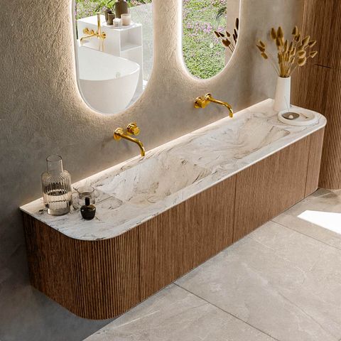 Mondiaz Kurve-Dlux badmeubel 180cm Walnut - Ronding links en rechts - Leaf wastafel Dubbel Glace - 0 kraangaten