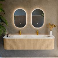 Mondiaz Kurve-Dlux badmeubel 180cm Oak - Ronding links en rechts - Leaf wastafel Dubbel Opalo - 2 kraangaten