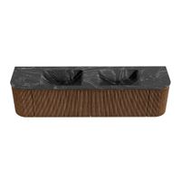 Mondiaz Kurve-Dlux badmeubel 180cm Walnut - Ronding links en rechts - Leaf wastafel Dubbel Lava - 2 kraangaten