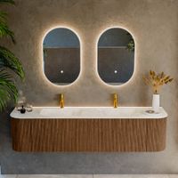 Mondiaz Kurve-Dlux badmeubel 180cm Walnut - Ronding links en rechts - Leaf wastafel Dubbel Ostra - 2 kraangaten