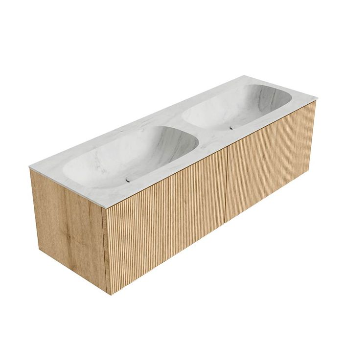 Mondiaz Kurve-Dlux badmeubel 140cm Oak - Geen ronding - Stor Small wastafel Dubbel Opalo - 0 kraangaten