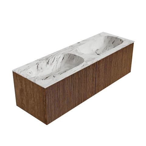 Mondiaz Kurve-Dlux badmeubel 140cm Walnut - Geen ronding - Stor Small wastafel Dubbel Glace - 2 kraangaten