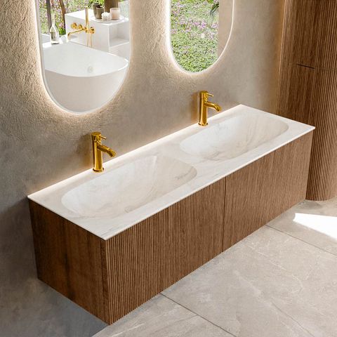Mondiaz Kurve-Dlux badmeubel 140cm Walnut - Geen ronding - Stor Small wastafel Dubbel Ostra - 2 kraangaten