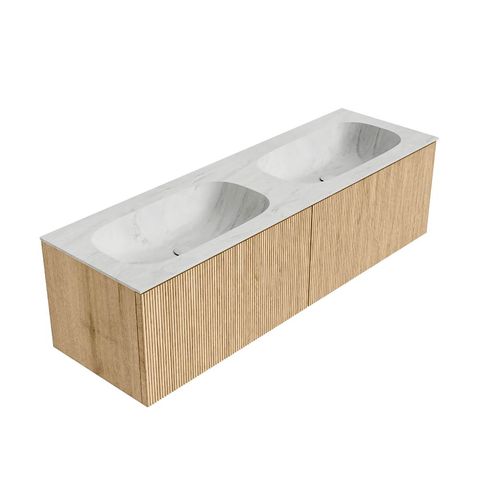 Mondiaz Kurve-Dlux badmeubel 150cm Oak - Geen ronding - Stor Small wastafel Dubbel Opalo - 0 kraangaten