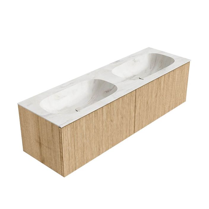 Mondiaz Kurve-Dlux badmeubel 150cm Oak - Geen ronding - Stor Small wastafel Dubbel Ostra - 0 kraangaten