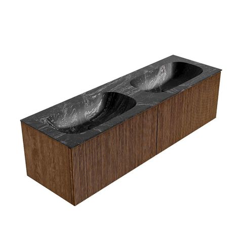 Mondiaz Kurve-Dlux badmeubel 150cm Walnut - Geen ronding - Stor Small wastafel Dubbel Lava - 0 kraangaten