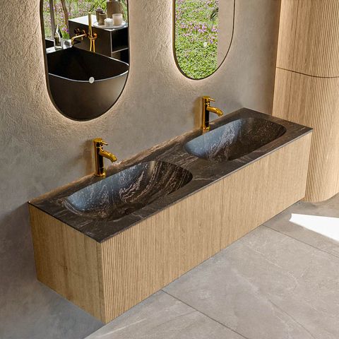 Mondiaz Kurve-Dlux badmeubel 150cm Oak - Geen ronding - Stor Small wastafel Dubbel Lava - 2 kraangaten