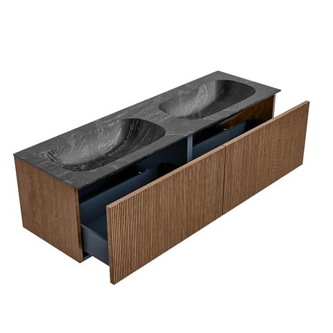 Mondiaz Kurve-Dlux badmeubel 150cm Walnut - Geen ronding - Stor Small wastafel Dubbel Lava - 2 kraangaten