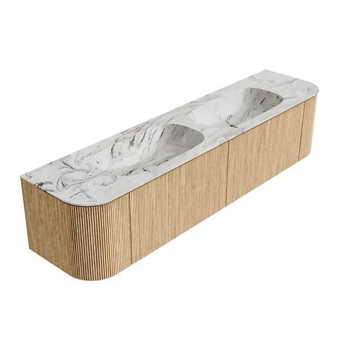 Mondiaz Kurve-Dlux badmeubel 190cm Oak - Ronding links en rechts - Stor Small wastafel Dubbel Glace - 0 kraangaten