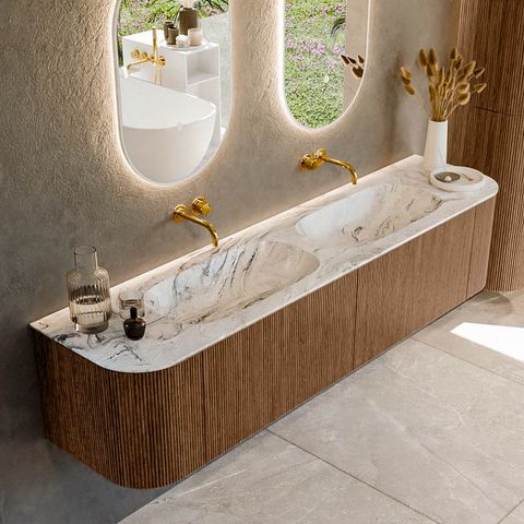 Mondiaz Kurve-Dlux badmeubel 190cm Walnut - Ronding links en rechts - Stor Small wastafel Dubbel Glace - 0 kraangaten