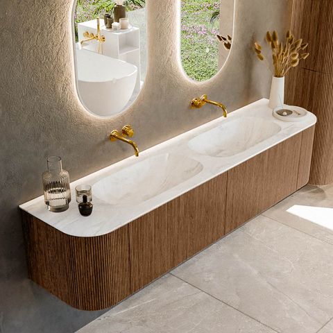 Mondiaz Kurve-Dlux badmeubel 190cm Walnut - Ronding links en rechts - Stor Small wastafel Dubbel Ostra - 0 kraangaten