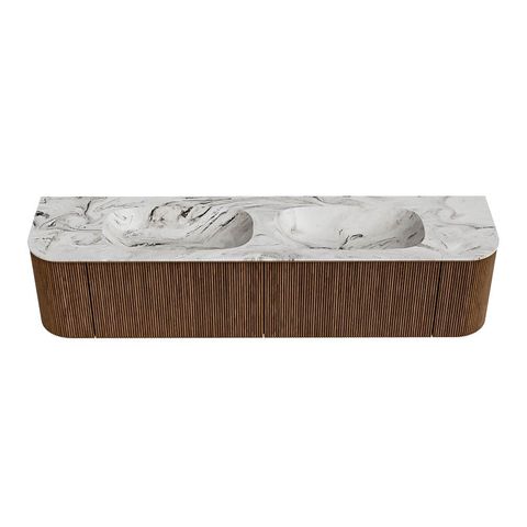 Mondiaz Kurve-Dlux badmeubel 190cm Walnut - Ronding links en rechts - Stor Small wastafel Dubbel Glace - 2 kraangaten