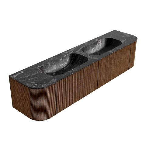 Mondiaz Kurve-Dlux badmeubel 190cm Walnut - Ronding links en rechts - Stor Small wastafel Dubbel Lava - 2 kraangaten