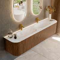 Mondiaz Kurve-Dlux badmeubel 190cm Walnut - Ronding links en rechts - Stor Small wastafel Dubbel Opalo - 2 kraangaten