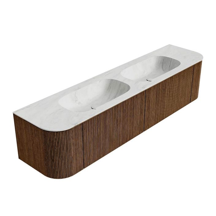 Mondiaz Kurve-Dlux badmeubel 190cm Walnut - Ronding links en rechts - Stor Small wastafel Dubbel Opalo - 2 kraangaten