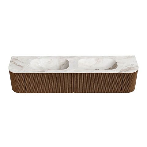 Mondiaz Kurve-Dlux badmeubel 200cm Walnut - Ronding links en rechts - Stor Small wastafel Dubbel Frappe - 0 kraangaten