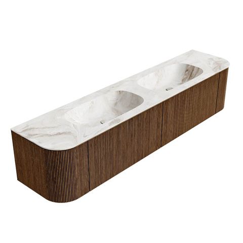 Mondiaz Kurve-Dlux badmeubel 200cm Walnut - Ronding links en rechts - Stor Small wastafel Dubbel Frappe - 2 kraangaten