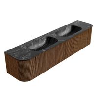Mondiaz Kurve-Dlux badmeubel 200cm Walnut - Ronding links en rechts - Stor Small wastafel Dubbel Lava - 2 kraangaten
