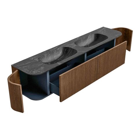 Mondiaz Kurve-Dlux badmeubel 200cm Walnut - Ronding links en rechts - Stor Small wastafel Dubbel Lava - 2 kraangaten