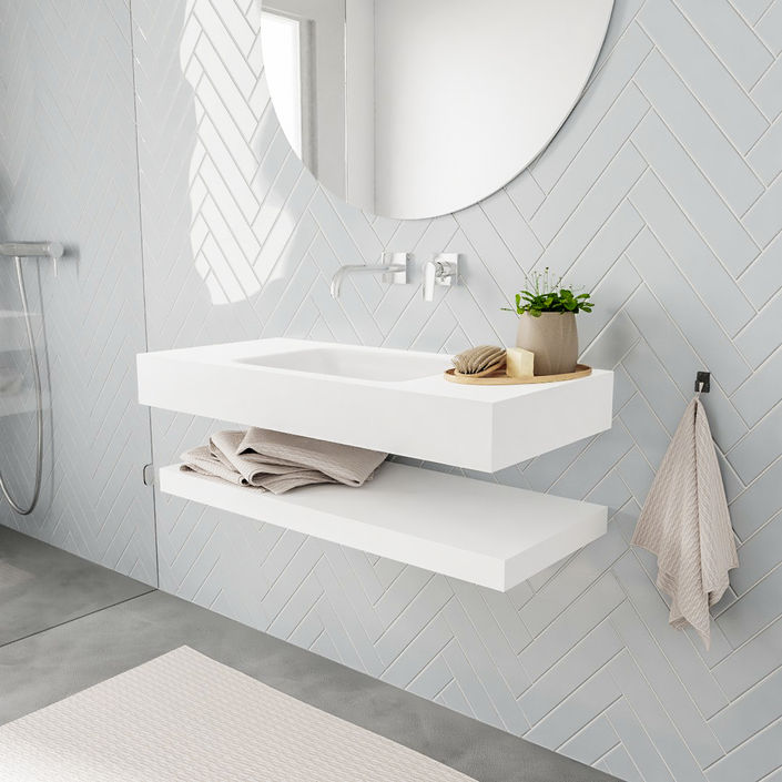 Mondiaz Alan badmeubel 100cm solid suface planchet Talc - Cloud wastafel Talc midden - zonder kraangat