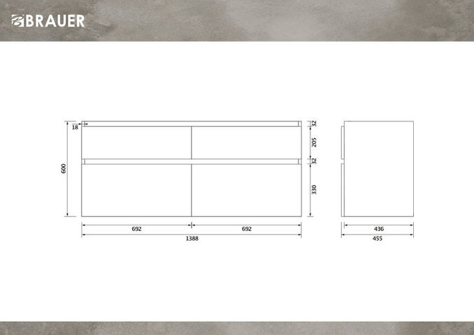 Brauer Delight onderkast - greeploos - 4 lades - 2 uitsparingen - 139x45,5cm - Mat mokka