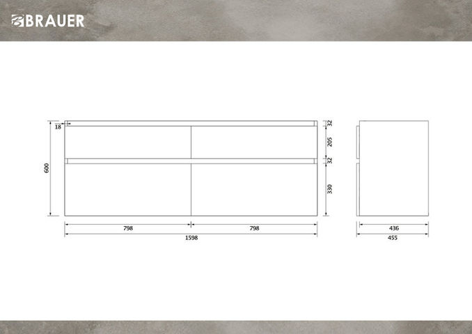 Brauer Delight Edge onderkast - greeploos - 4 lades - 2 uitsparingen - 159x45,5cm - Sunlit