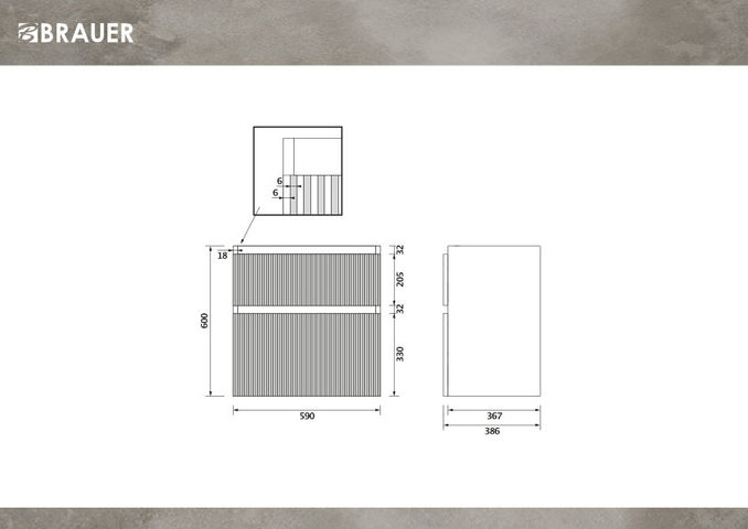 Brauer Delight Wavy onderkast ondiep - greeploos - 2 lades - 1 uitsparing - 59x39cm - Mat taupe
