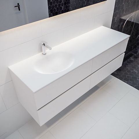 Mondiaz Vica badmeubel 150cm talc 4 lades wastafel Moon links met 1 kraangat