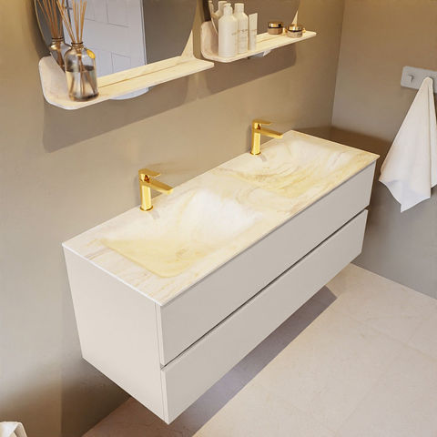 Mondiaz Vica Dlux badmeubel 130cm Linen - Cloud wastafel Ostra dubbel - met 2 kraangaten