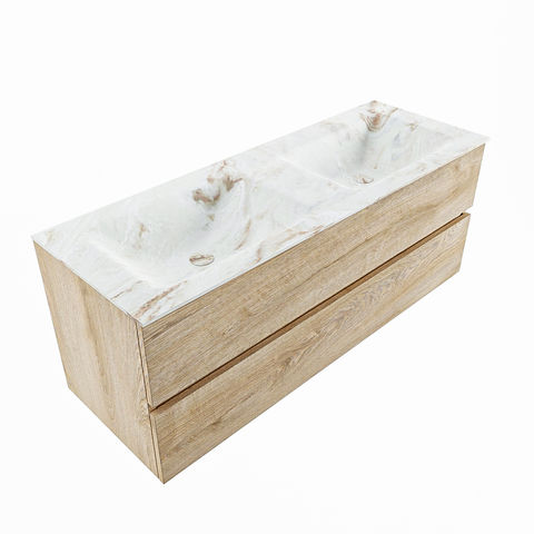 Mondiaz Vica Dlux badmeubel 130cm Washed Oak - Cloud wastafel Frappe dubbel - met 2 kraangaten
