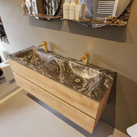 Mondiaz Vica Dlux badmeubel 130cm Washed Oak - Cloud wastafel Lava dubbel - met 2 kraangaten