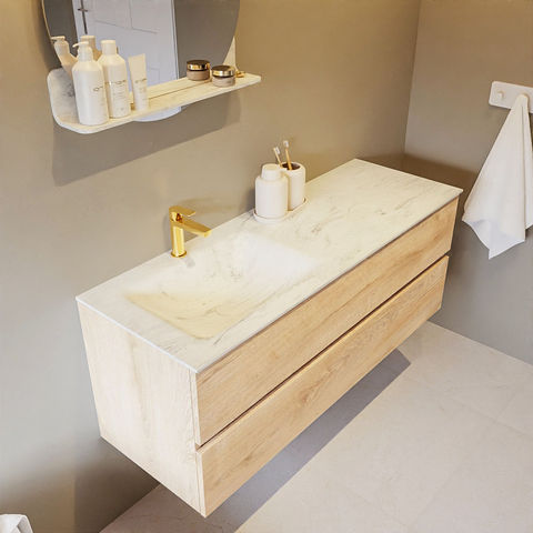 Mondiaz Vica Dlux badmeubel 130cm Washed Oak - Cloud wastafel Opalo links - met 1 kraangat