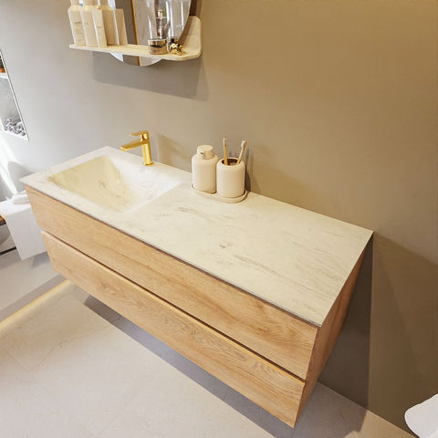 Mondiaz Vica Dlux badmeubel 130cm Washed Oak - Cloud wastafel Opalo links - met 1 kraangat