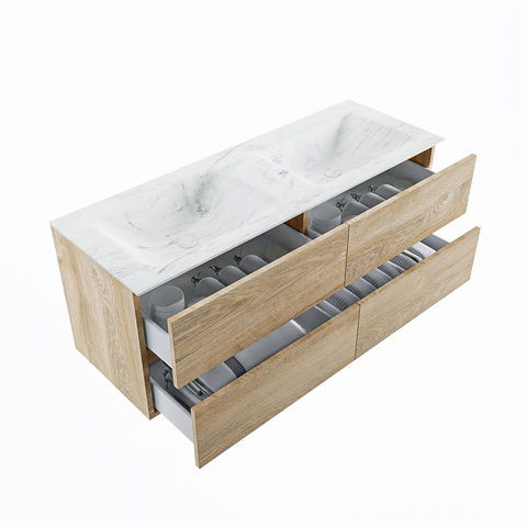 Mondiaz Vica Dlux badmeubel 130cm Washed Oak - Cloud wastafel Opalo dubbel - met 2 kraangaten