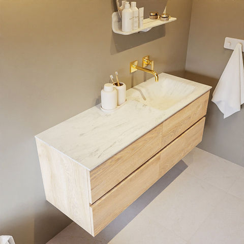 Mondiaz Vica Dlux badmeubel 130cm Washed Oak - Cloud wastafel Opalo rechts - zonder kraangat
