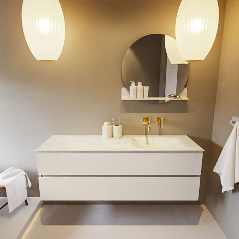 Mondiaz Vica Dlux badmeubel 150cm Linen - Cloud wastafel Opalo rechts - zonder kraangat