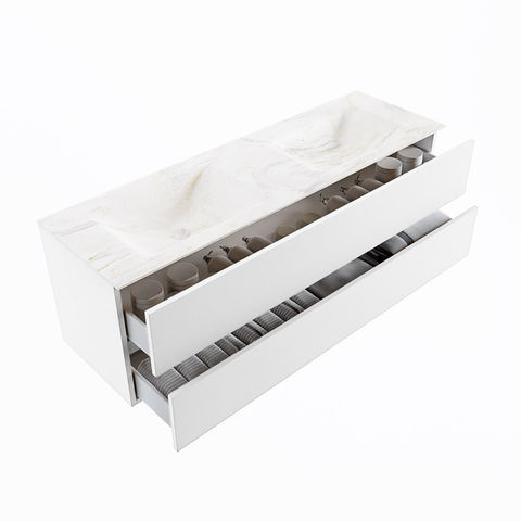 Mondiaz Vica Dlux badmeubel 150cm Talc - Cloud wastafel Ostra dubbel - met 2 kraangaten