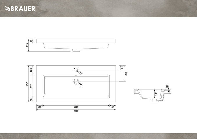 Brauer Solar Medium wastafel 100x46cm mineraalmarmer - 1 kraangat - mat wit
